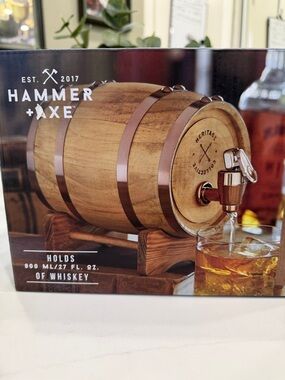 Oak Whiskey Barrel with Tap - Natural Wood and Bronze Accents
